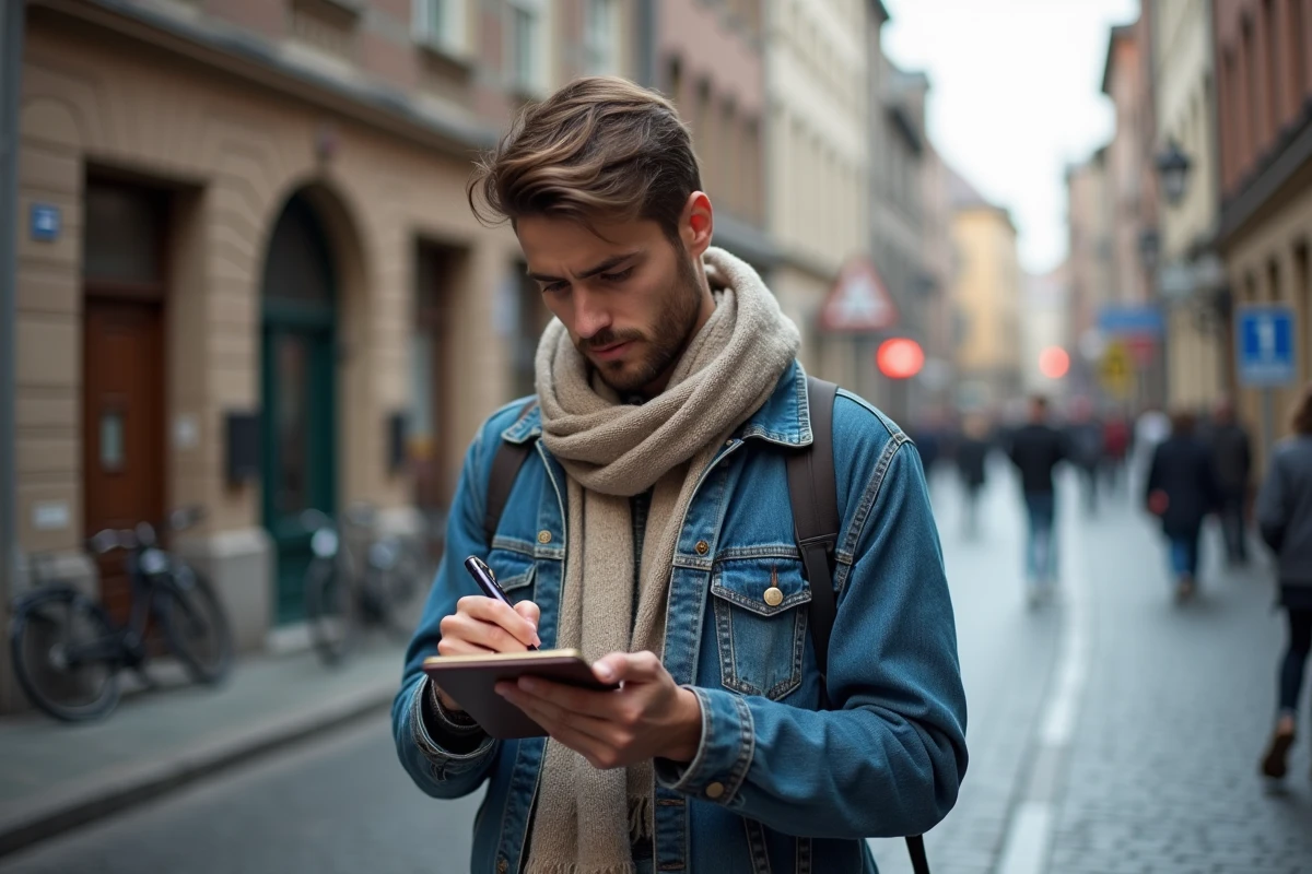 Jeune homme dans la rue avec carnet et stylo