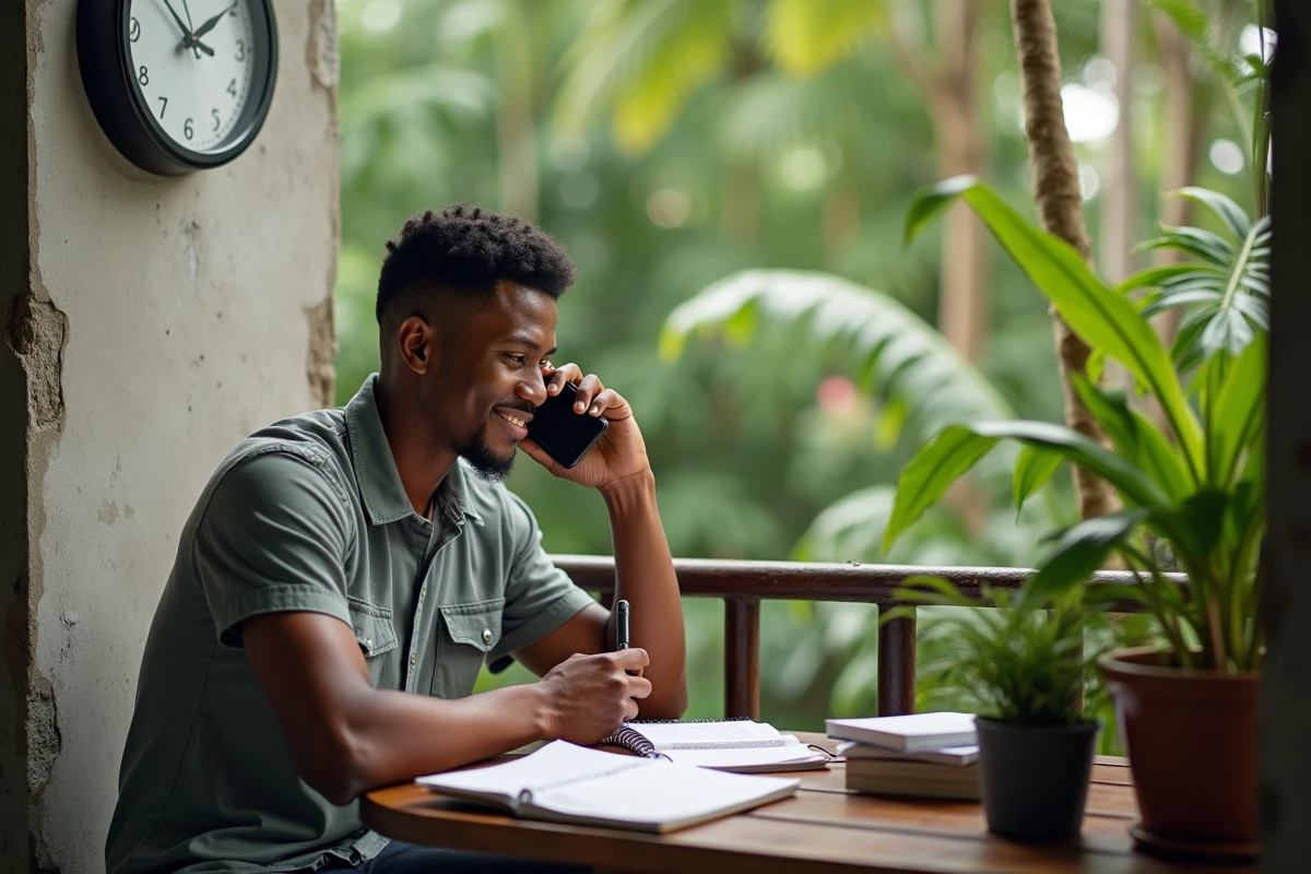 Jeune homme malgache parlant au téléphone sur un balcon
