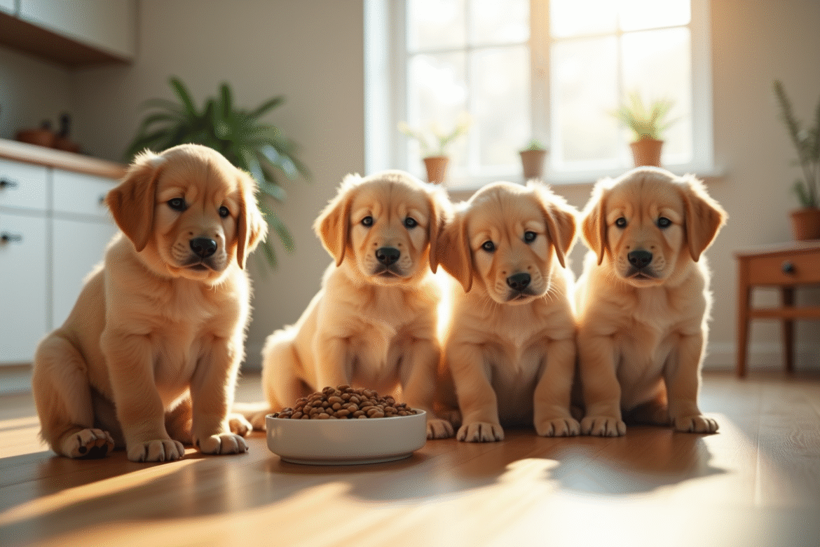 Jeunes chiots golden retriever dans la cuisine lumineuse
