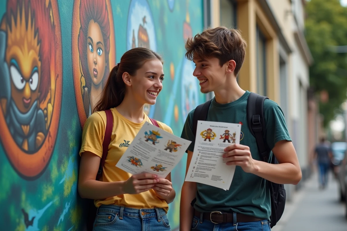Deux adolescents devant une fresque Dofus dans la rue
