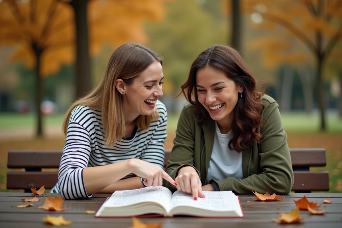 Deux femmes riant ensemble autour d'un cahier de jeux de mots dans un parc en automne