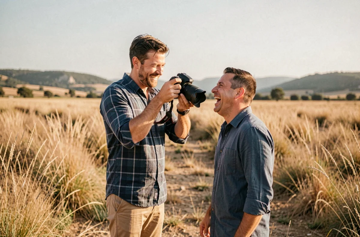 Jonathane Thevenin photographiant un portrait lifestyle naturel dans la campagne de l'Hérault