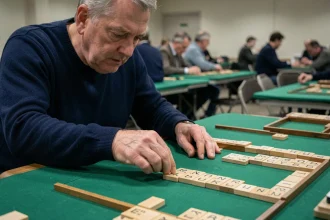 Joueur de Scrabble en compétition posant une tuile sur le plateau lors d'un tournoi officiel