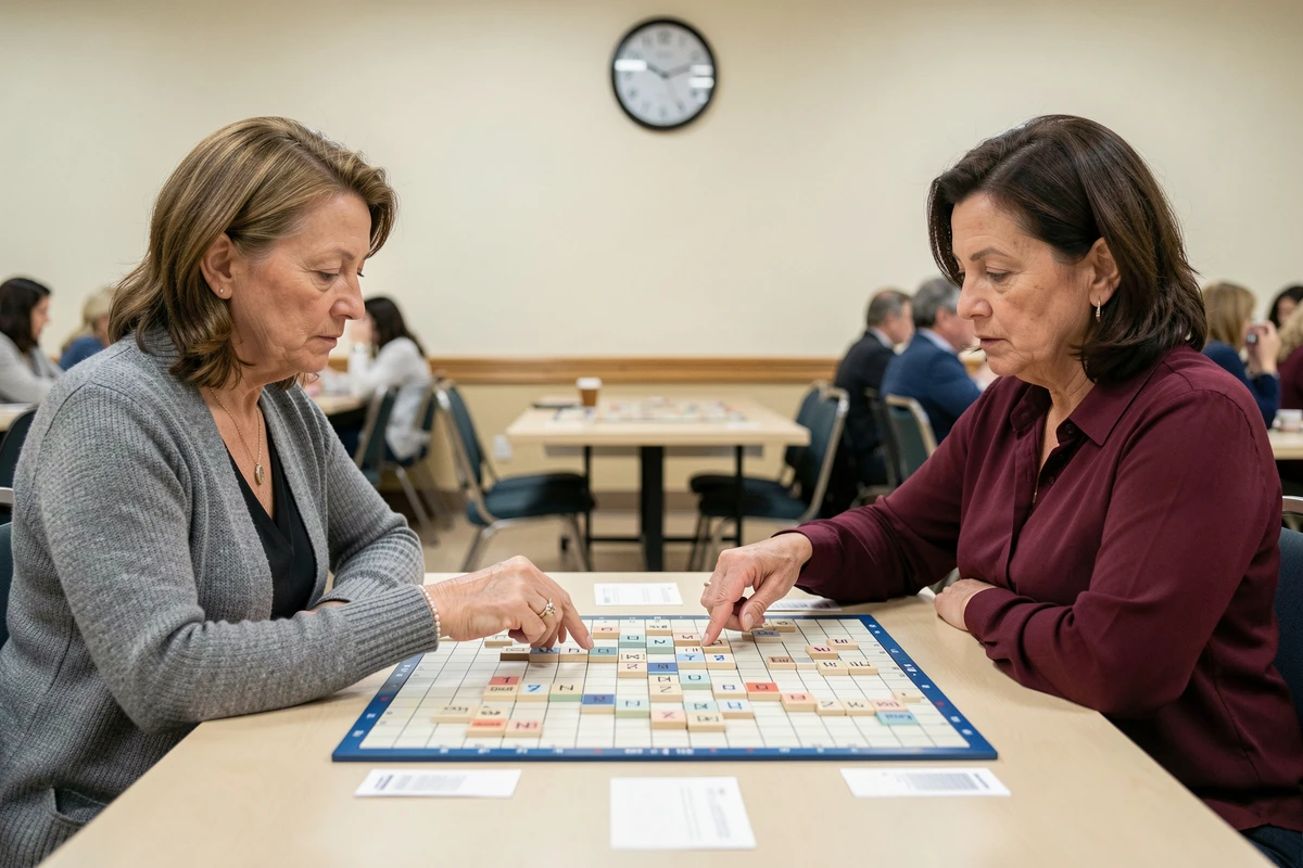 Deux joueuses de Scrabble en compétition discutant d'un mot sur le plateau lors d'un tournoi