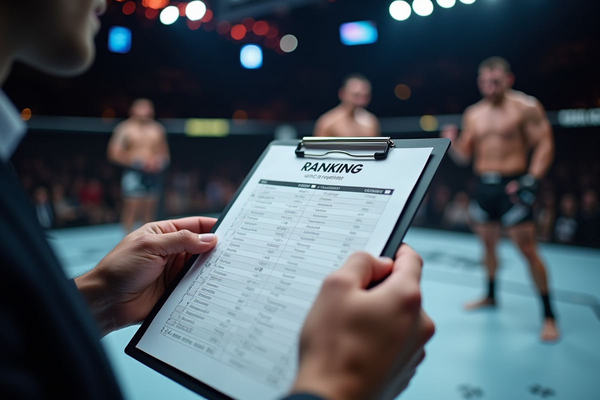 Journaliste sportif tenant un classeur avec classement UFC en gros plan