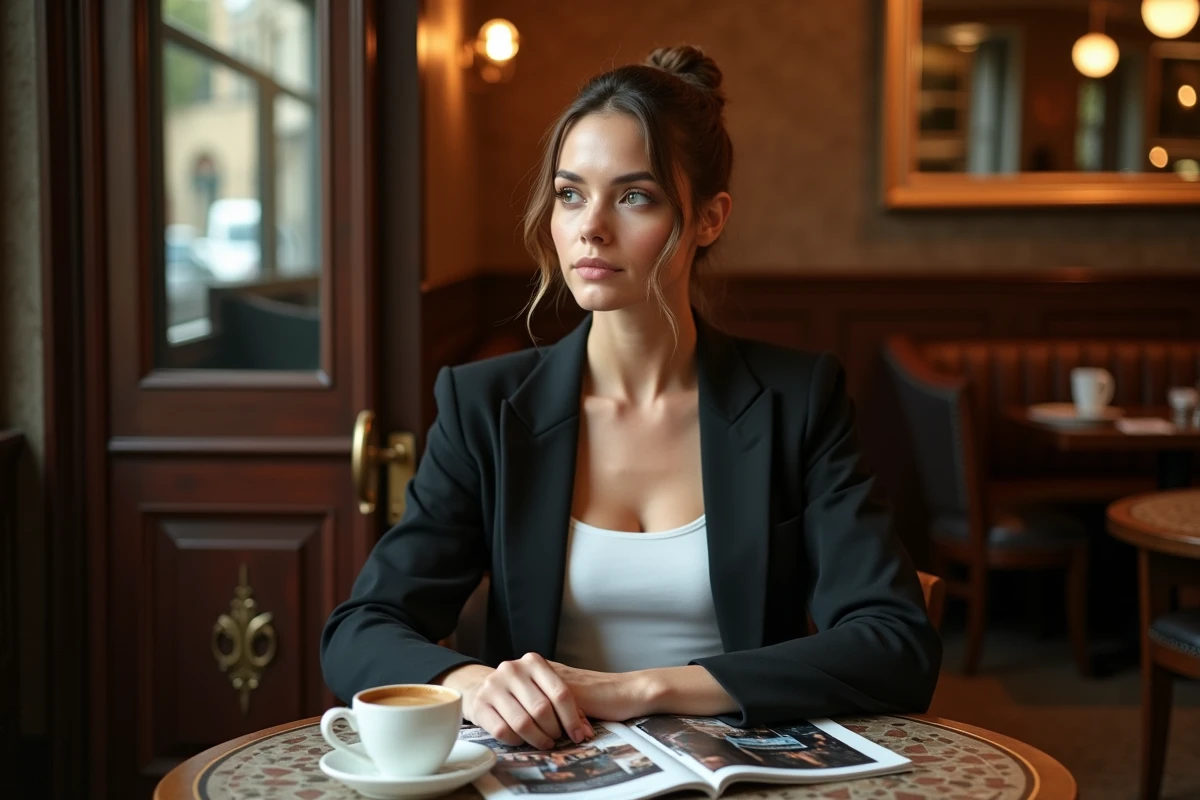 Julia Frenchie Shore dans une brasserie parisienne chic, ambiance interview presse, expression réfléchie face aux rumeurs