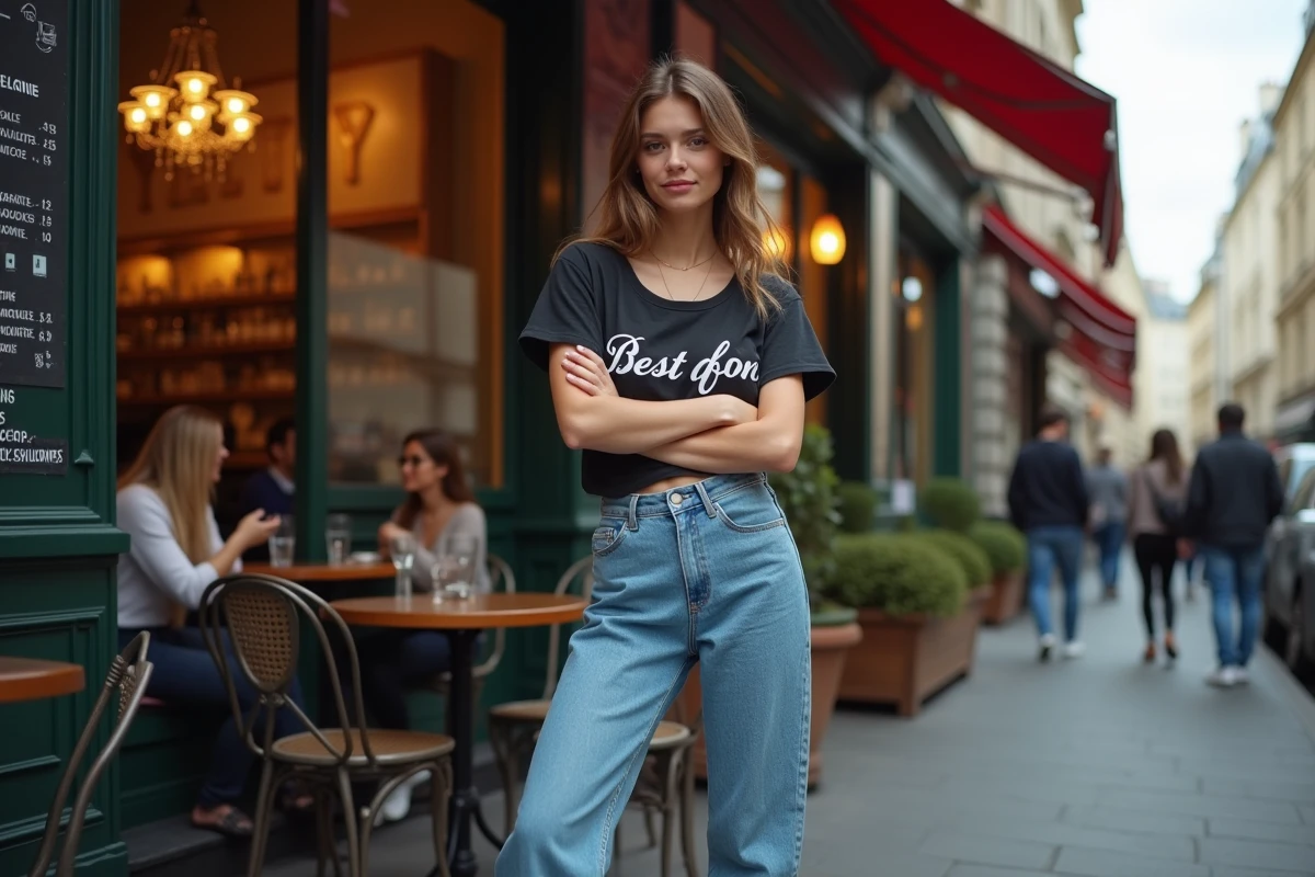 Jeune femme style Frenchie Shore en tenue streetwear devant un café parisien, portrait urbain éditorial