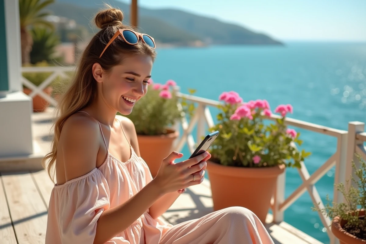 Julia de Frenchie Shore assise sur une terrasse méditerranéenne, souriante avec son téléphone à la main, ambiance reality TV côtière
