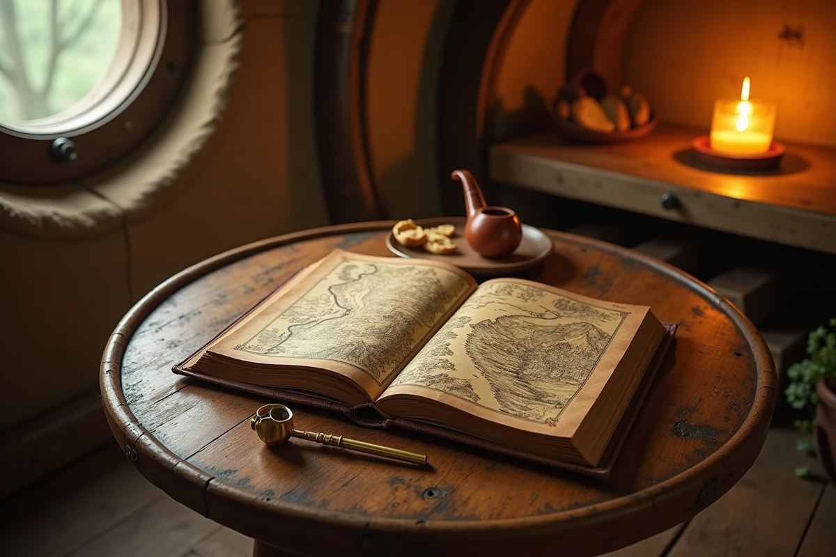 Un exemplaire du Hobbit de Tolkien ouvert sur une table ronde rustique avec une pipe en argile et une clé en laiton