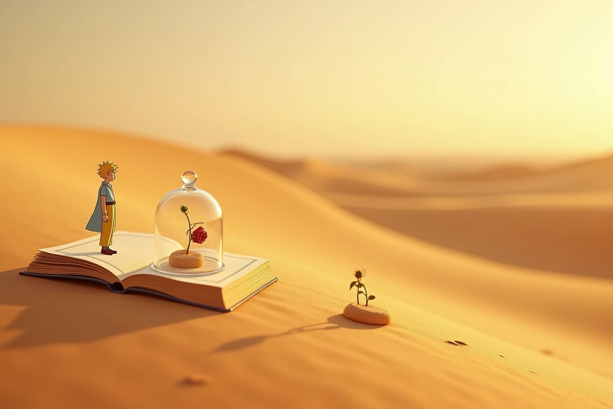 Le Petit Prince de Saint-Exupéry ouvert sur une dune de sable désertique avec une rose sous une cloche en verre