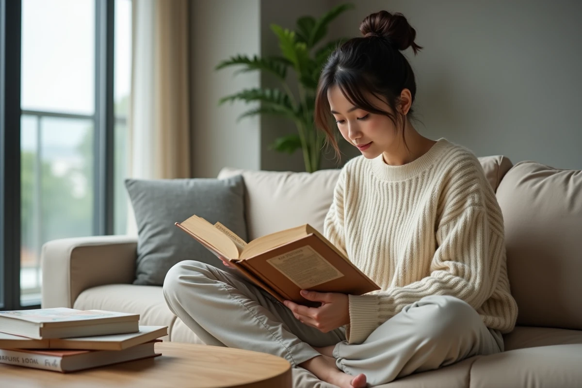 Femme comparant simultanément le roman et le webtoon du Goblin SSS sur canapé dans un appartement moderne