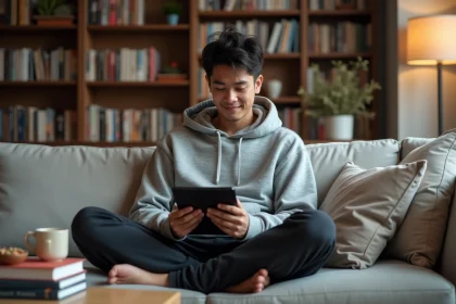 Jeune homme lisant One Punch Man en VF sur tablette dans un salon cosy entouré de mangas