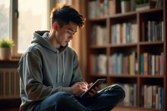 Jeune homme lisant un scan de manga One Piece sur tablette dans un appartement avec bibliothèque de tomes reliés en arrière-plan