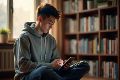 Jeune homme lisant un scan de manga One Piece sur tablette dans un appartement avec bibliothèque de tomes reliés en arrière-plan