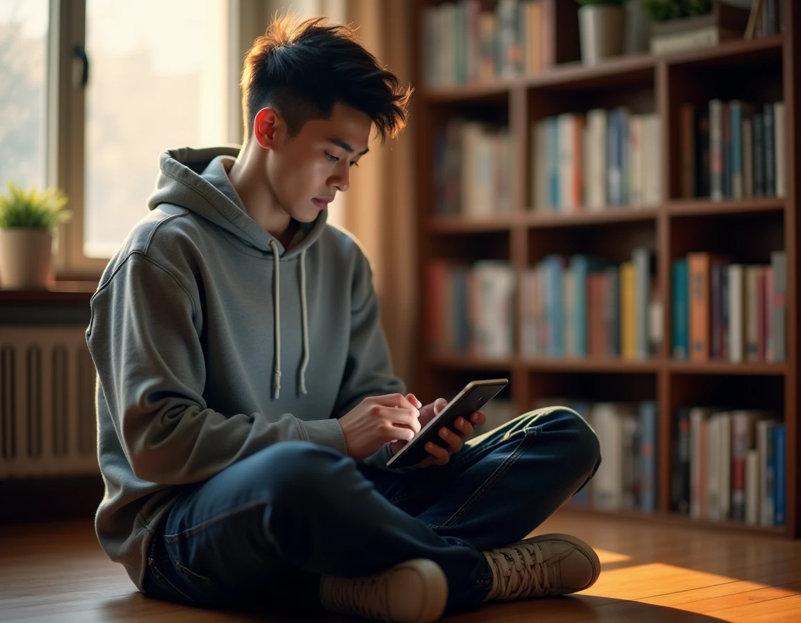 Jeune homme lisant un scan de manga One Piece sur tablette dans un appartement avec bibliothèque de tomes reliés en arrière-plan