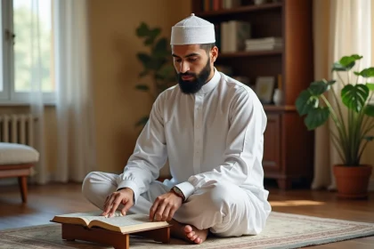 Jeune homme musulman lisant les derniers versets de la sourate Baqara dans un Coran ouvert sur un rehal en bois, assis sur un tapis de prière dans une pièce paisible