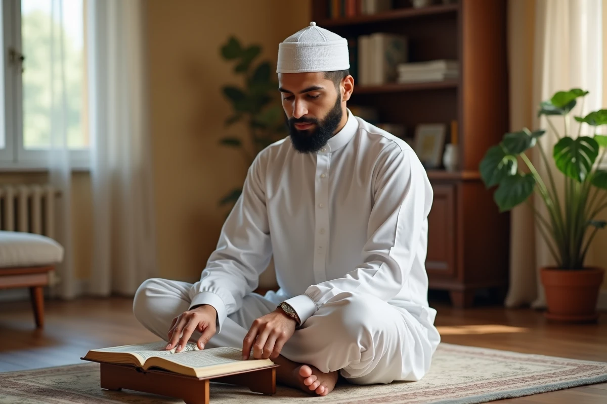 Jeune homme musulman lisant les derniers versets de la sourate Baqara dans un Coran ouvert sur un rehal en bois, assis sur un tapis de prière dans une pièce paisible