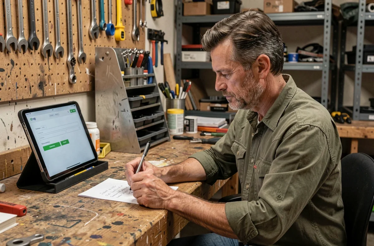 Bricoleur rédigeant un message pour contacter lelabdubricoleur depuis son atelier garage