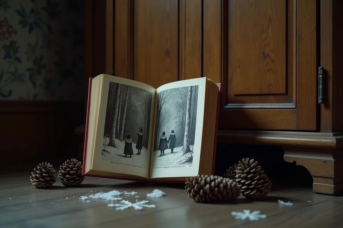 Le Lion la Sorcière blanche et l'Armoire magique de C.S. Lewis ouvert devant une vieille armoire en chêne avec des pommes de pin