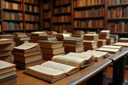 Une table de bibliothèque couverte de livres ouverts et fermés de toutes sortes, symbolisant les livres les plus vendus au monde
