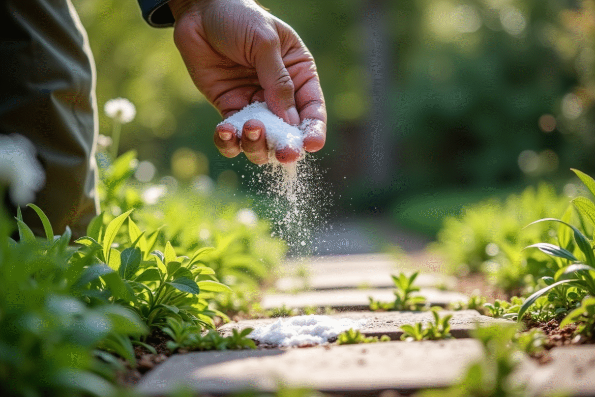 Main d'un jardinier saupoudrant du bicarbonate sur des mauvaises herbes entre pavés