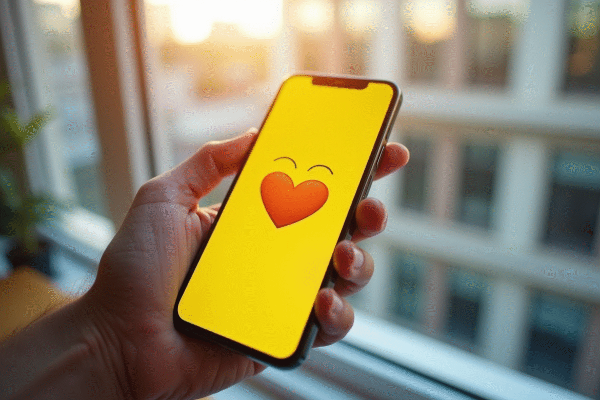 Main tenant un smartphone avec emoji jaune lumineux