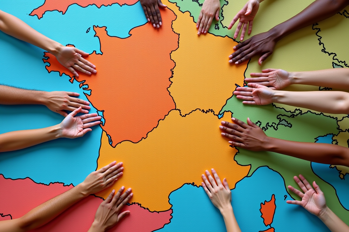 Mains de différentes personnes touchant la carte de France sur un mur