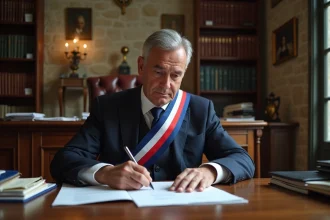 Maire adjoint en France portant l'écharpe tricolore dans son bureau de mairie, examinant des documents officiels