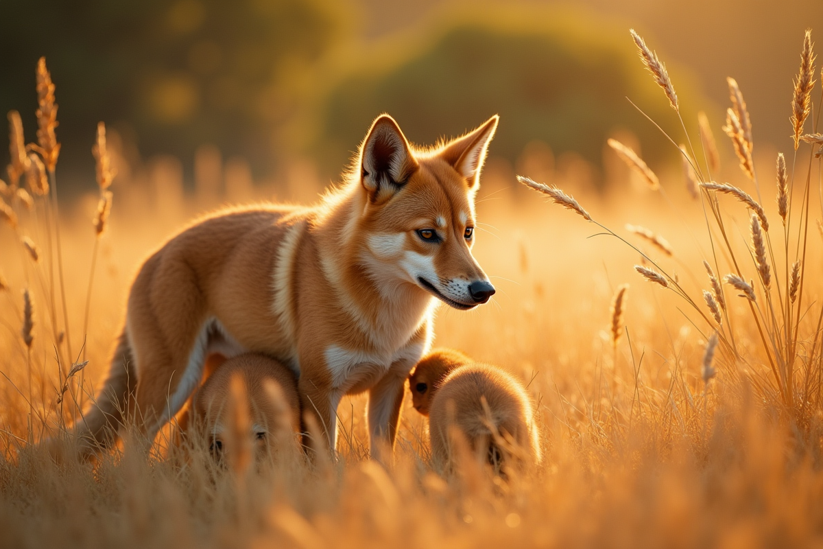 Maman dingo jouant avec ses petits dans l