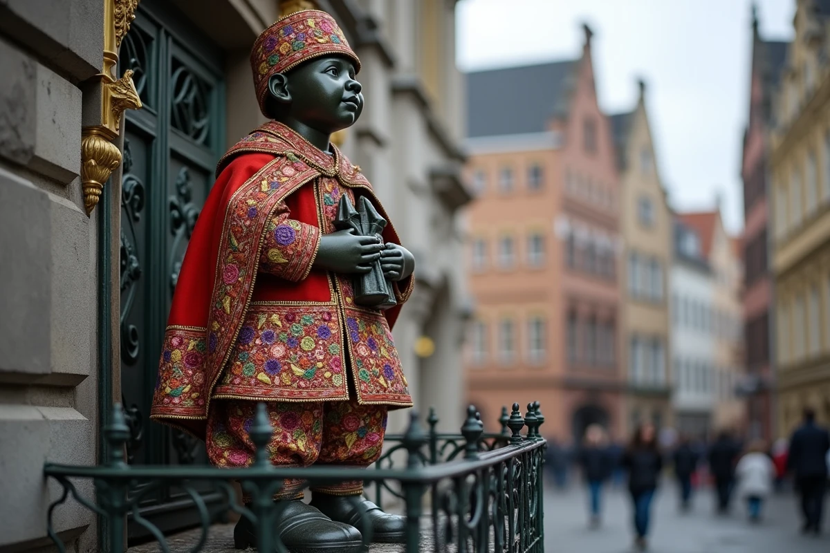 Manneken Pis revêtu d'un costume traditionnel brodé sur sa fontaine baroque à Bruxelles