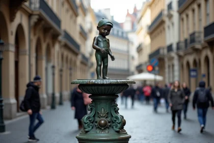 Statue du Manneken Pis à Bruxelles vue de près avec ses façades historiques en arrière-plan