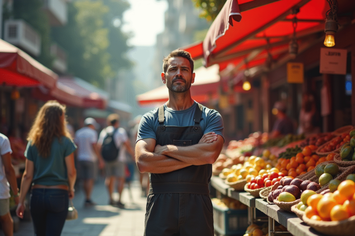 Vendeur frustré dans un marché bondé avec clients distraits