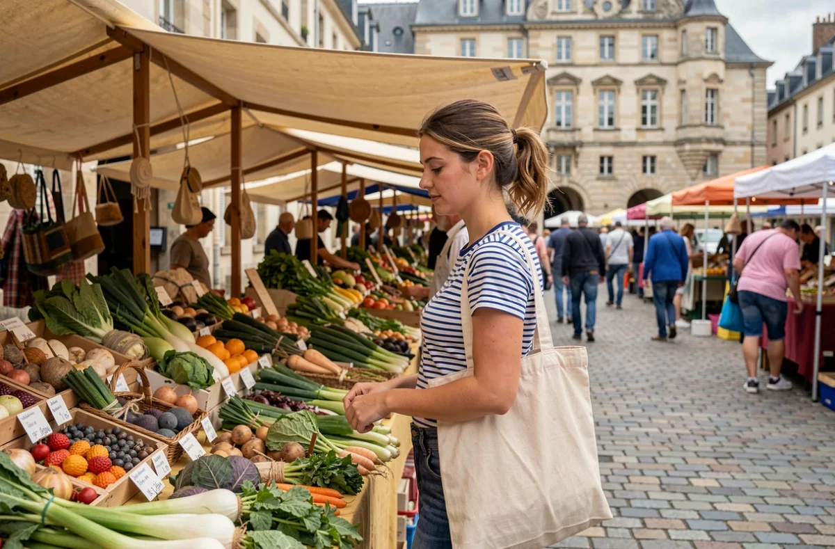 Jeune femme explorant un marché en plein air à Cholet pour une sortie économique et locale