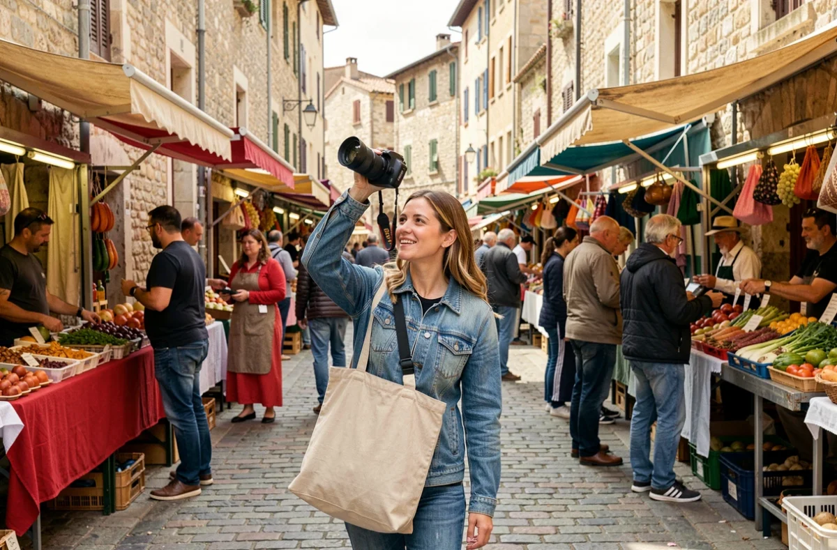 Marine de Jeanne photographiant un reportage émotionnel en extérieur dans un marché du sud de la France