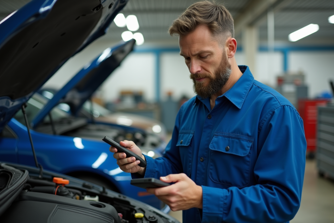 Mécanicien homme en bleu examinant un moteur de voiture
