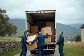 Équipe de déménageurs professionnels chargeant un camion sur une route de Haute-Loire avec paysage volcanique en arrière-plan