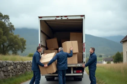 Équipe de déménageurs professionnels chargeant un camion sur une route de Haute-Loire avec paysage volcanique en arrière-plan