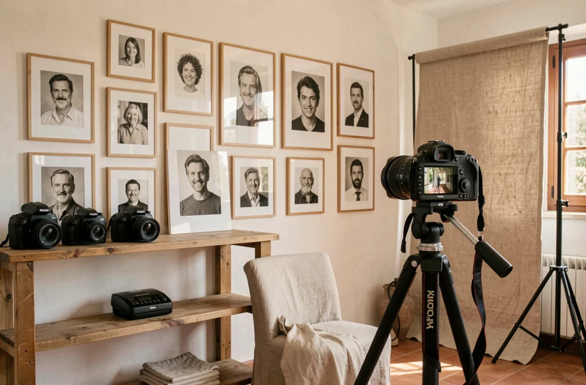 Studio de photographie portrait dans l'Hérault avec portraits encadrés et équipement photo professionnel