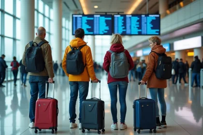 Groupe de migrants adultes avec bagages dans un terminal d'aéroport international symbolisant la migration mondiale