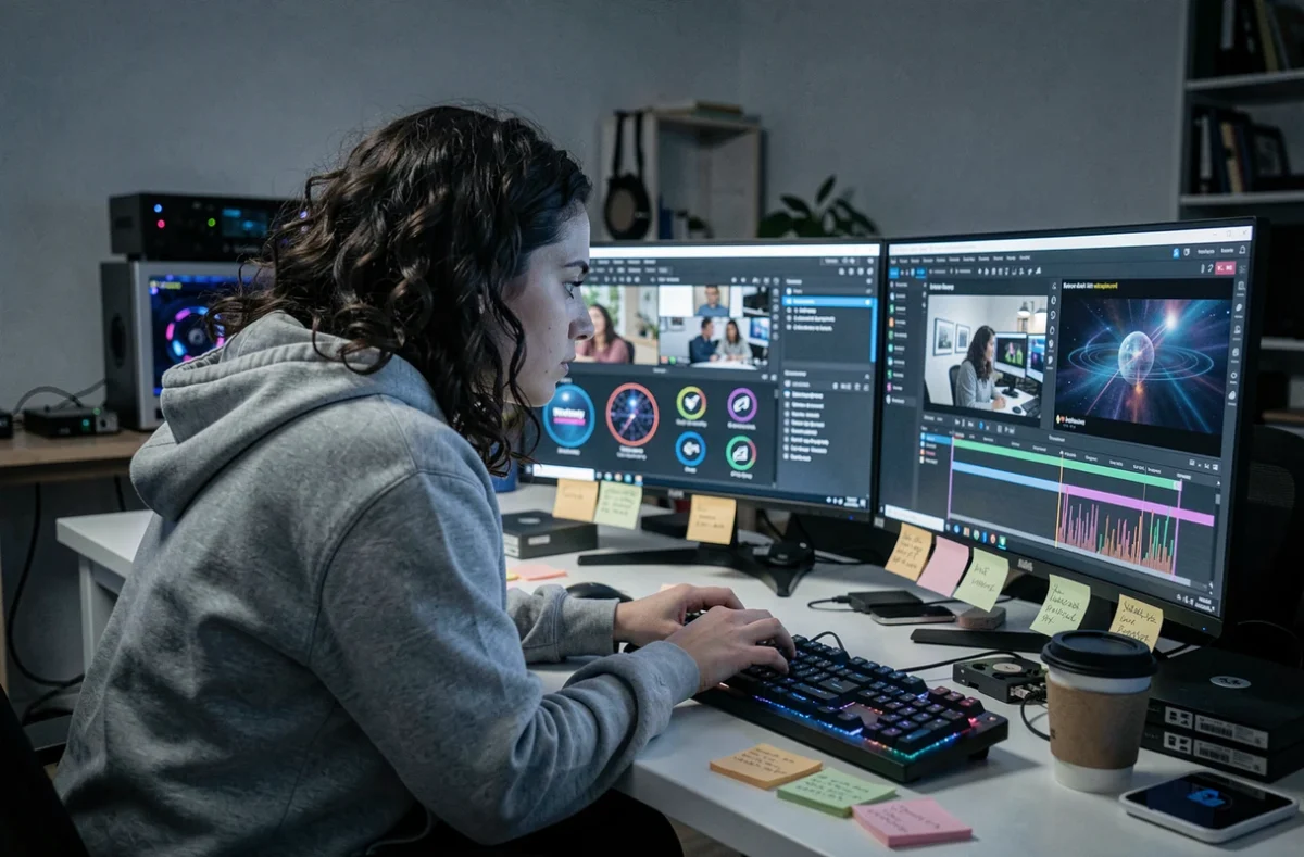 Monteuse vidéo en salle de post-production travaillant sur le montage d'une émission de vulgarisation scientifique en ligne