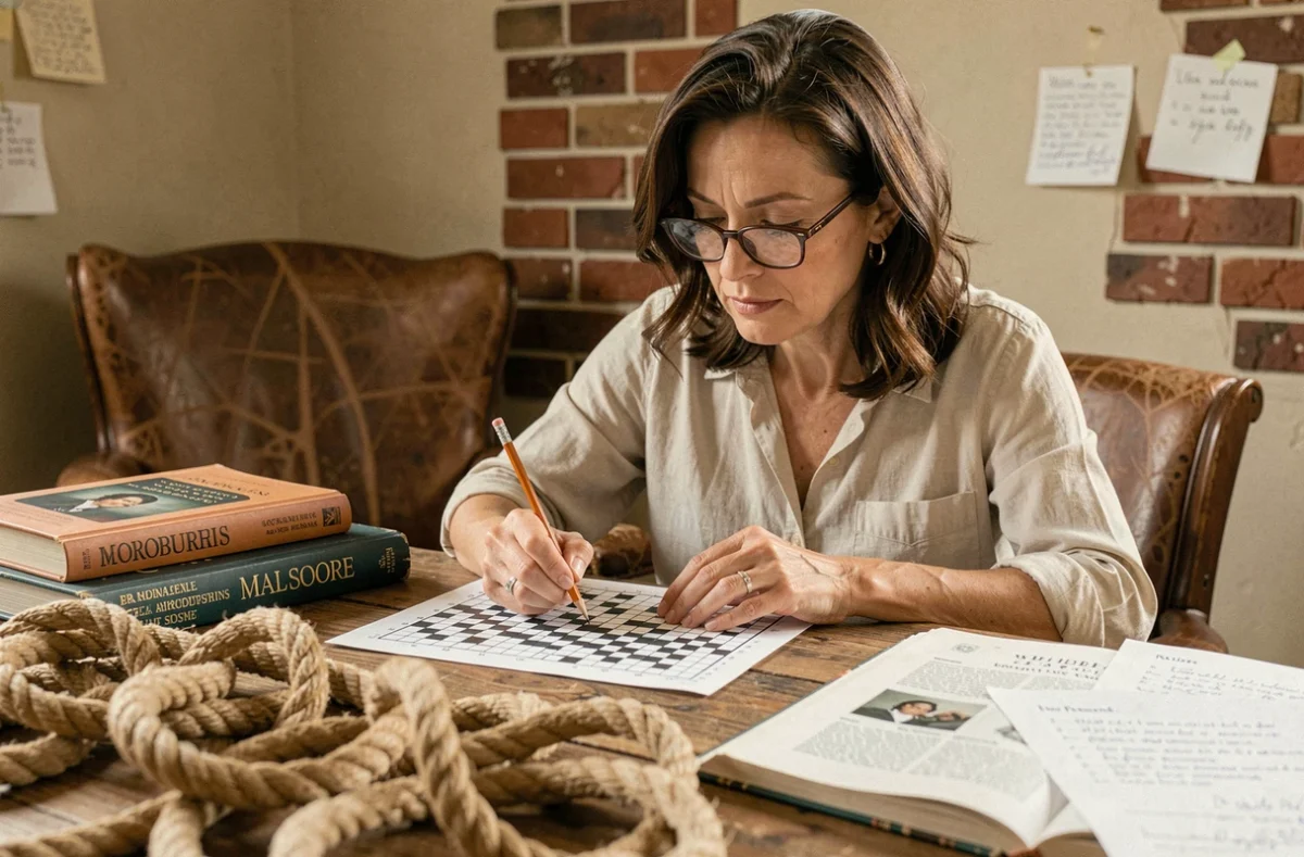 Femme concentrée résolvant des mots croisés difficiles entourée de cordes décoratives et de dictionnaires maritimes