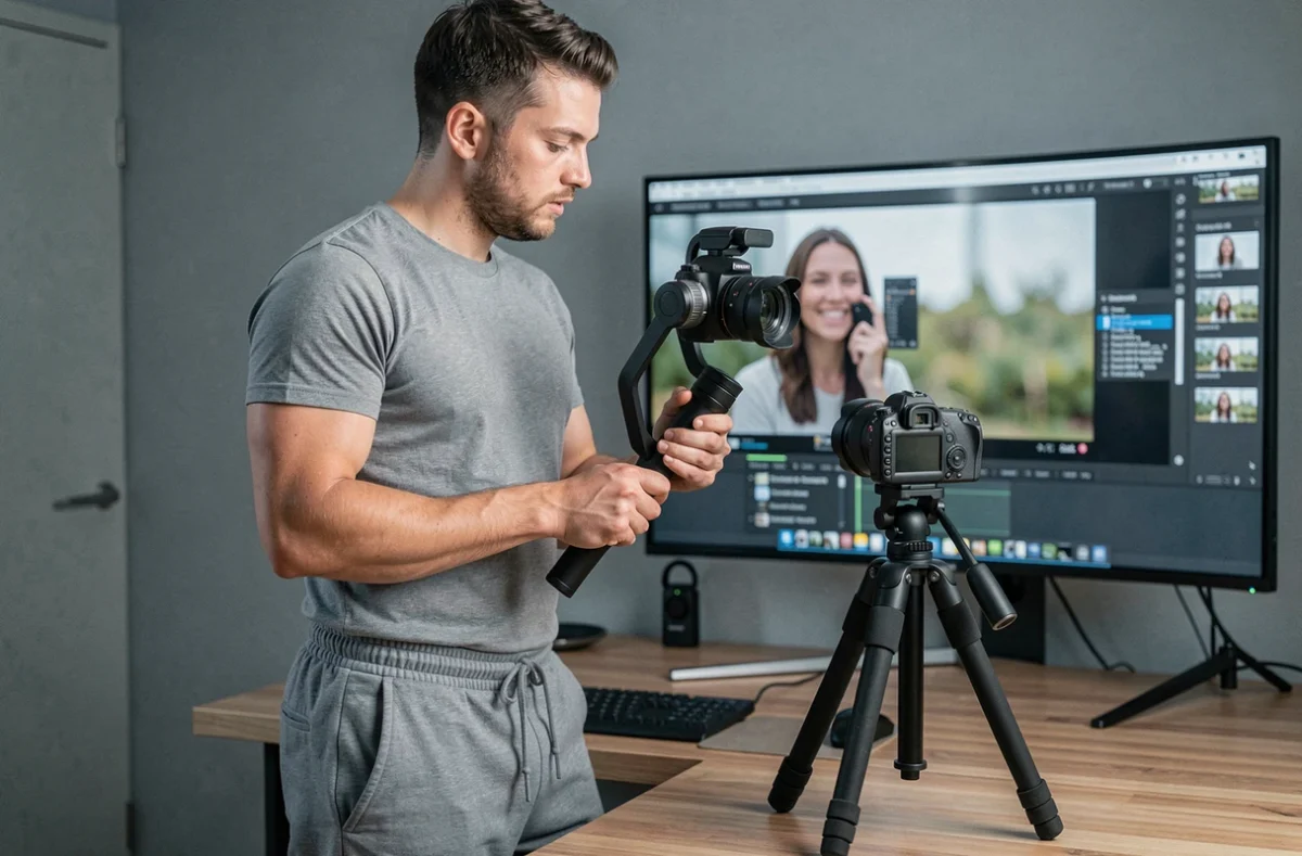 Nahel photographe et vidéaste travaillant sur un contenu visuel mixte dans un studio moderne