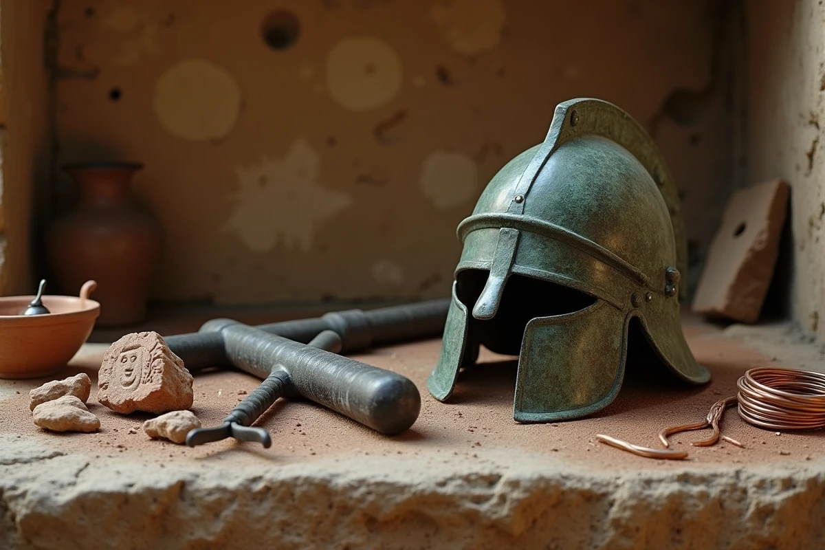 Nature morte archéologique avec casque en bronze martelé, tenailles en fer et fragments de terre cuite dans un atelier méditerranéen antique, illustrant l'artisanat mythologique d'Héphaïstos