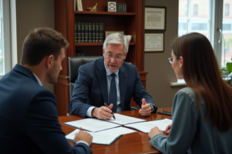 Notaire expliquant des documents à un couple dans son bureau
