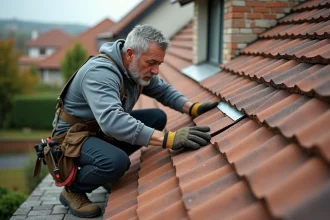Ouvrier en travaux sur un toit avec famille visible à la fenêtre