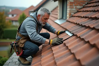 Ouvrier en travaux sur un toit avec famille visible à la fenêtre