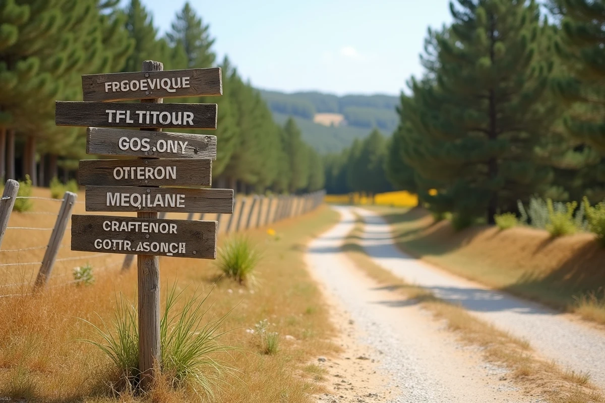 Panneau de chemin de randonnée du patrimoine gascon à un carrefour de campagne avec route vers les bastides et châteaux