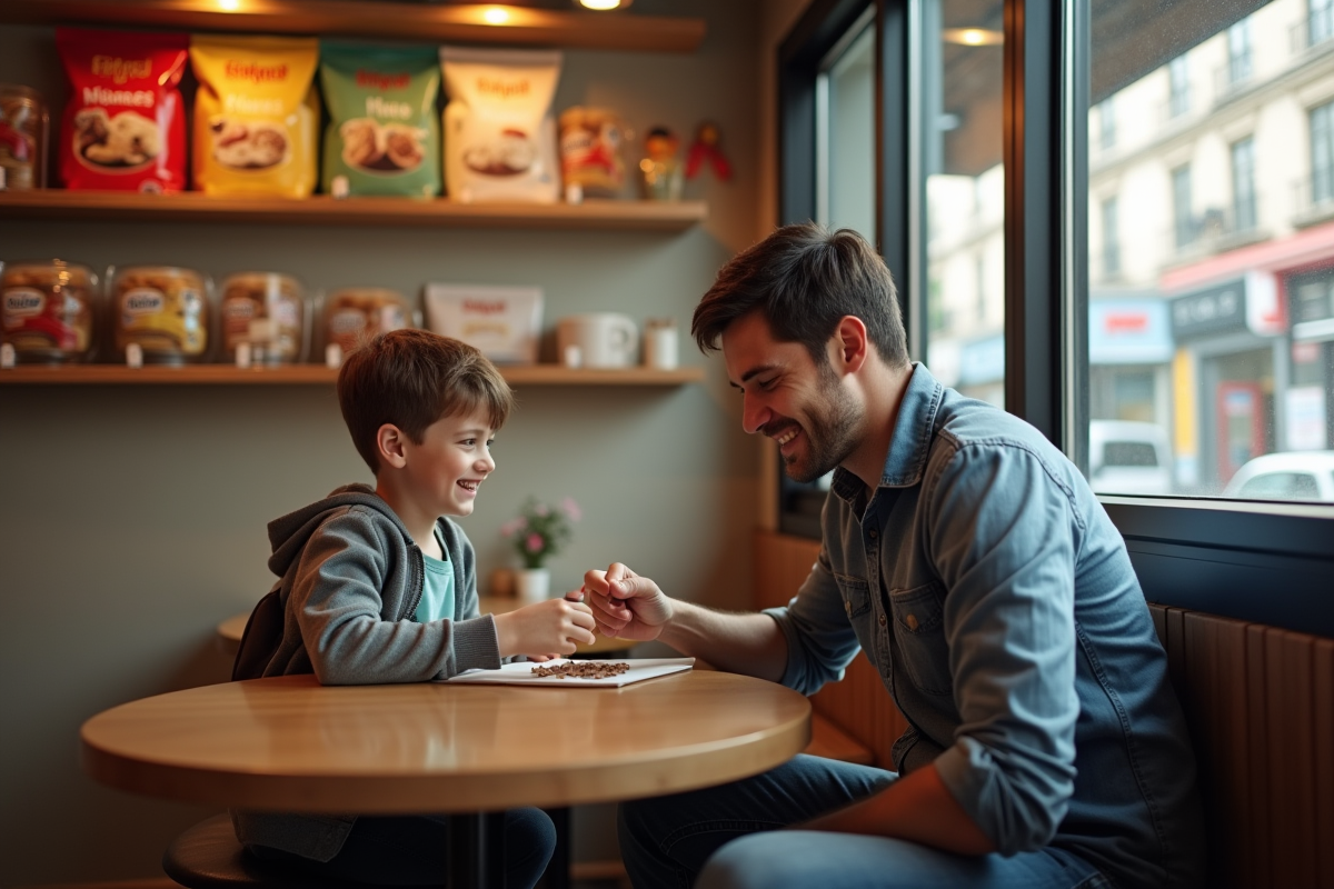 Père et enfant assis à une table dans un restaurant chaleureux