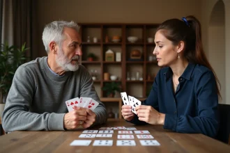 Deux joueurs adultes disputant une partie de belote à deux autour d'une table en bois, tenant leurs cartes à jouer avec concentration