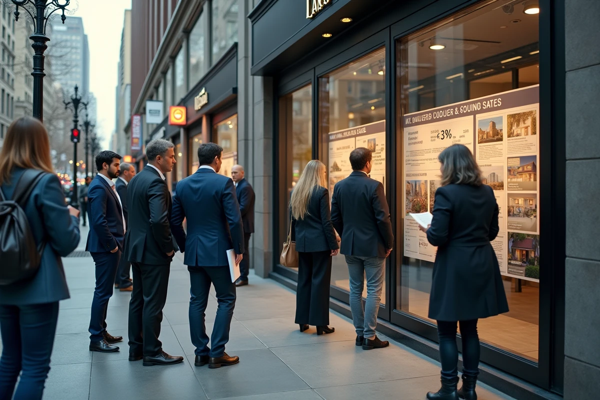Passants regardant des annonces immobilières en ville